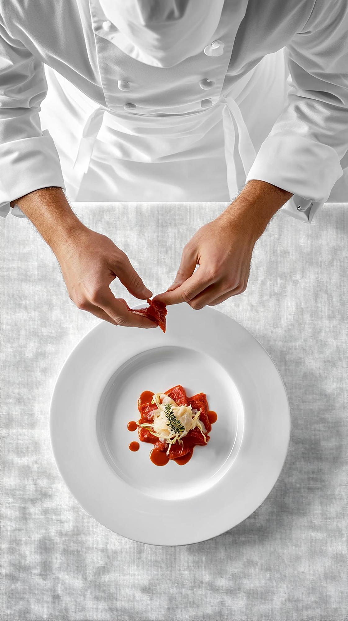 Chef preparing plated dish in studio kitchen